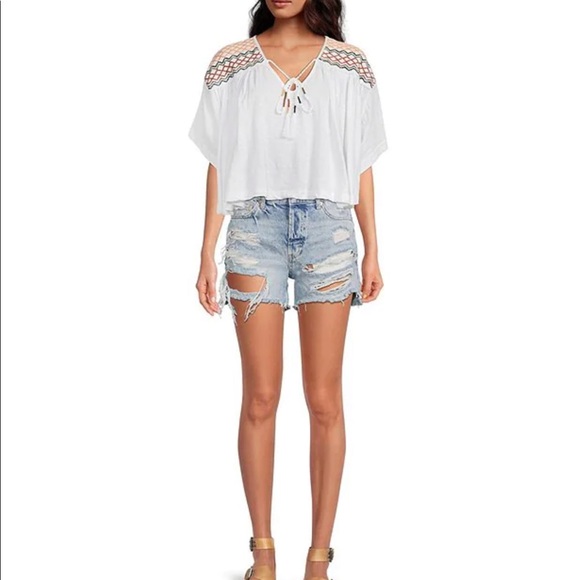 NWT Free People Market Embroidery Trim Tassel Tie V-Neck Dolman Sleeve Tee Med - Picture 4 of 9